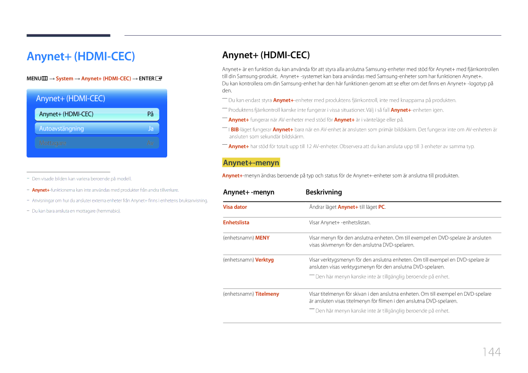 Samsung LH95MECPLBC/EN manual Anynet+ HDMI-CEC, 144, Anynet+-menyn 