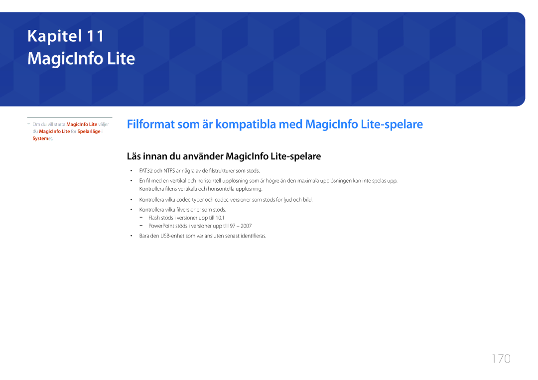 Samsung LH95MECPLBC/EN manual 170, Läs innan du använder MagicInfo Lite-spelare 