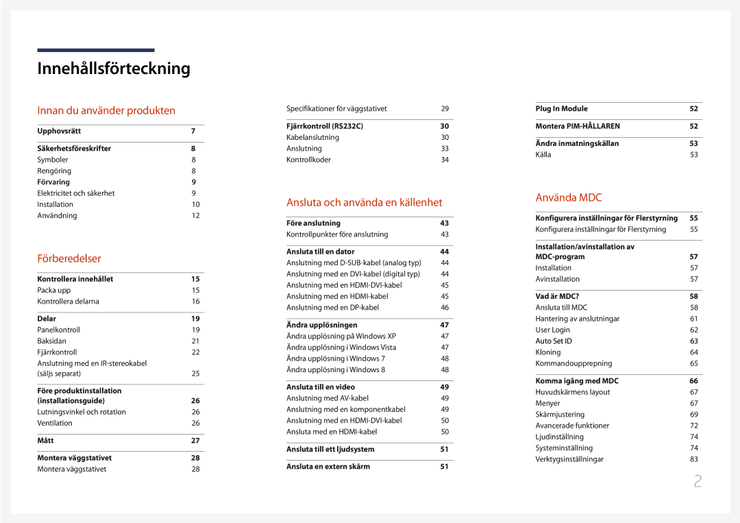 Samsung LH95MECPLBC/EN manual Innehållsförteckning 