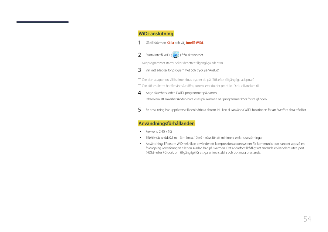 Samsung LH95MECPLBC/EN manual WiDi-anslutning, Användningsförhållanden 