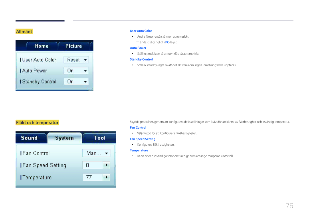 Samsung LH95MECPLBC/EN manual Allmänt Fläkt och temperatur, Ställ in produkten så att den slås på automatiskt 