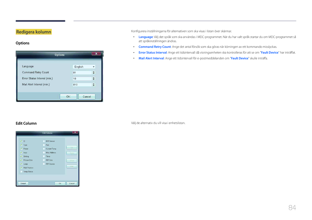 Samsung LH95MECPLBC/EN manual Redigera kolumn, Options Edit Column 