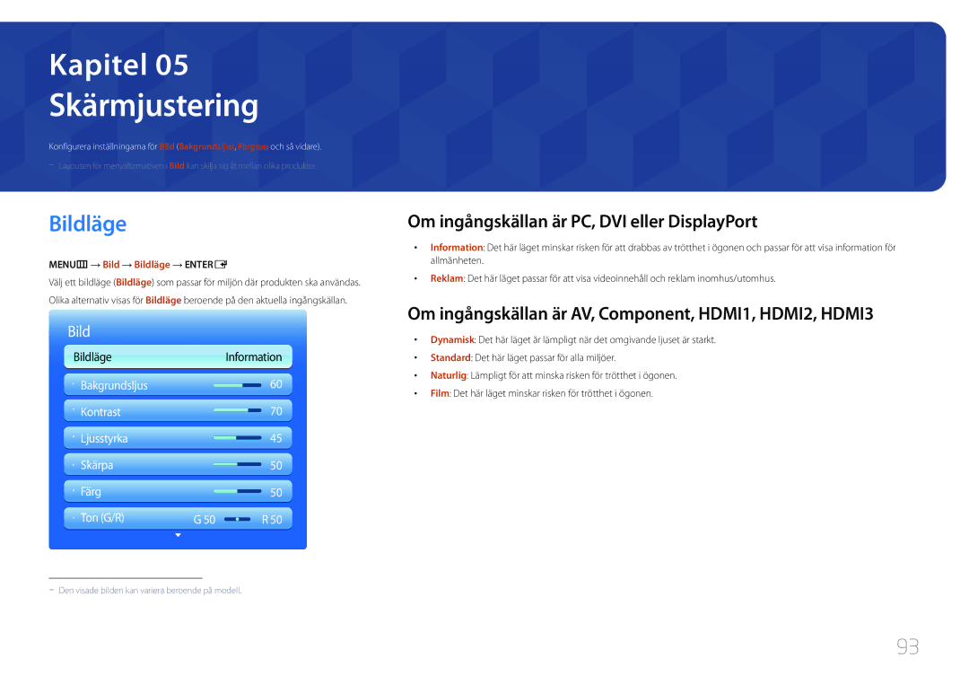 Samsung LH95MECPLBC/EN manual Skärmjustering, Bildläge, Om ingångskällan är PC, DVI eller DisplayPort 