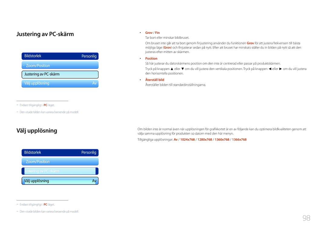 Samsung LH95MECPLBC/EN manual Justering av PC-skärm, Välj upplösning, Grov / Fin, Position, Återställ bild 