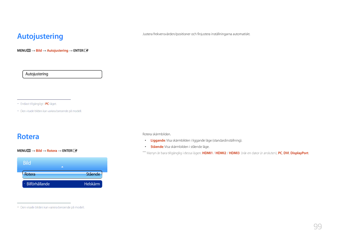 Samsung LH95MECPLBC/EN manual MENUm → Bild → Autojustering → Entere, MENUm → Bild → Rotera → Entere 