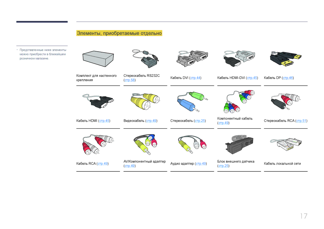 Samsung LH95MECPLBC/EN manual Элементы, приобретаемые отдельно, Кабель RCA стр.49 