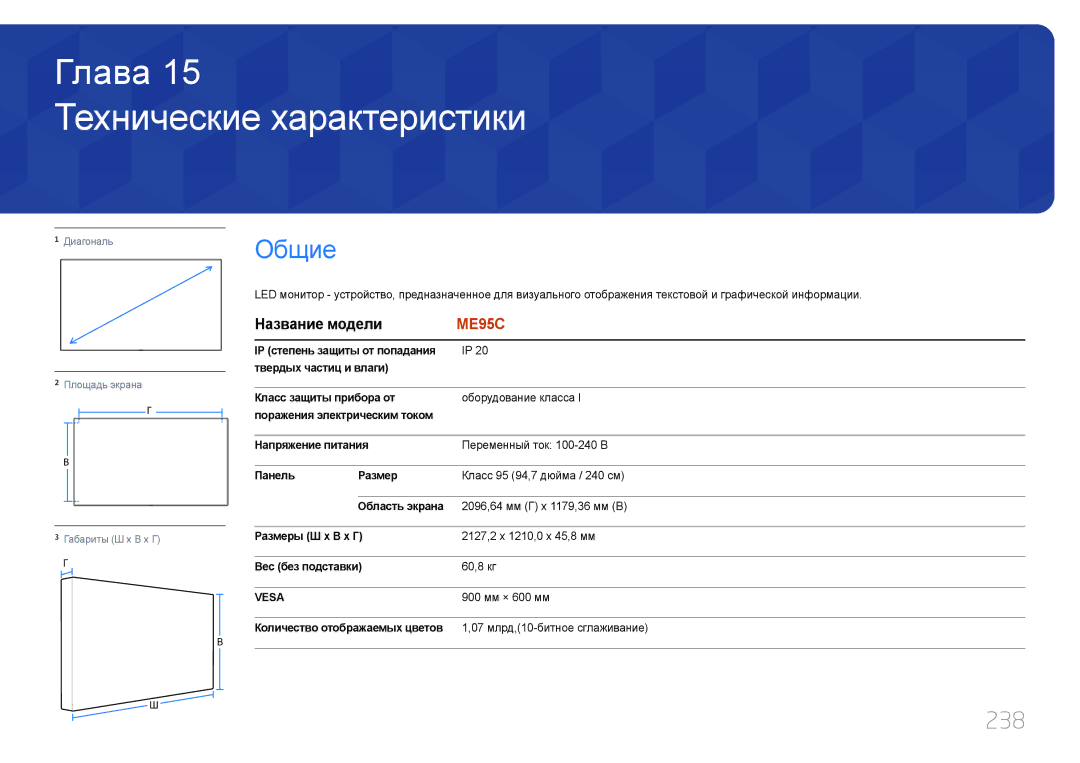 Samsung LH95MECPLBC/EN manual Технические характеристики, 238, Название модели 