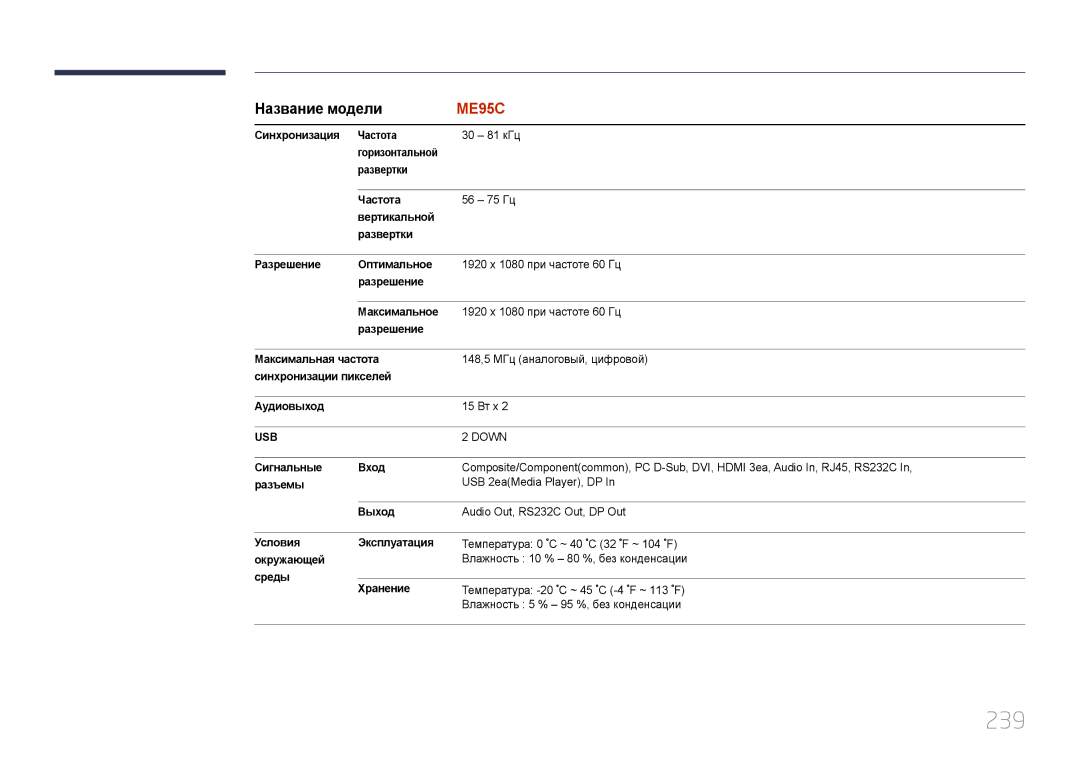 Samsung LH95MECPLBC/EN manual 239, Влажность 5 % 95 %, без конденсации 