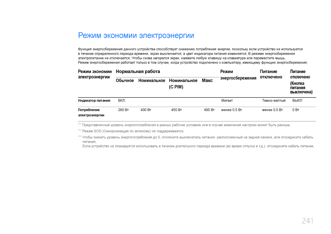 Samsung LH95MECPLBC/EN manual Режим экономии электроэнергии, 241 