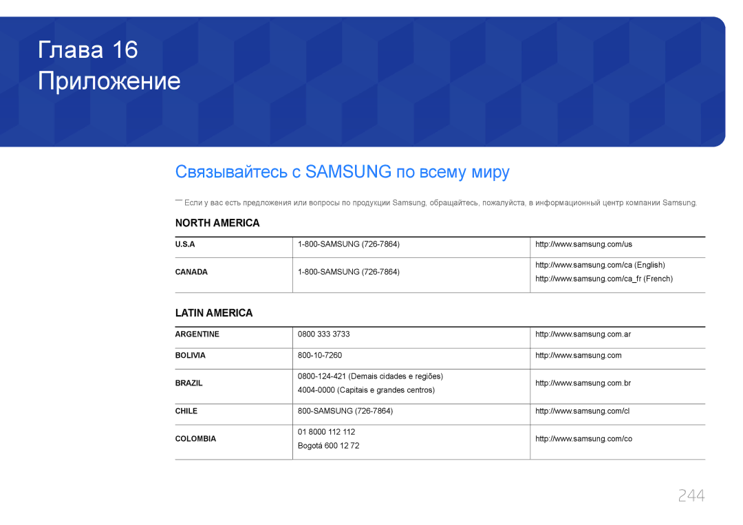 Samsung LH95MECPLBC/EN manual Приложение, Связывайтесь с Samsung по всему миру, 244 