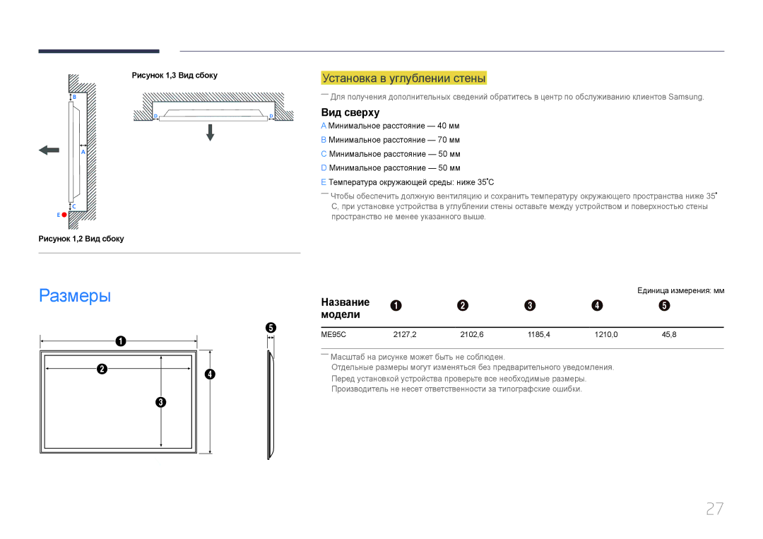 Samsung LH95MECPLBC/EN manual Установка в углублении стены, Вид сверху, РазмерыНазвание 1 2 3 4, Модели 