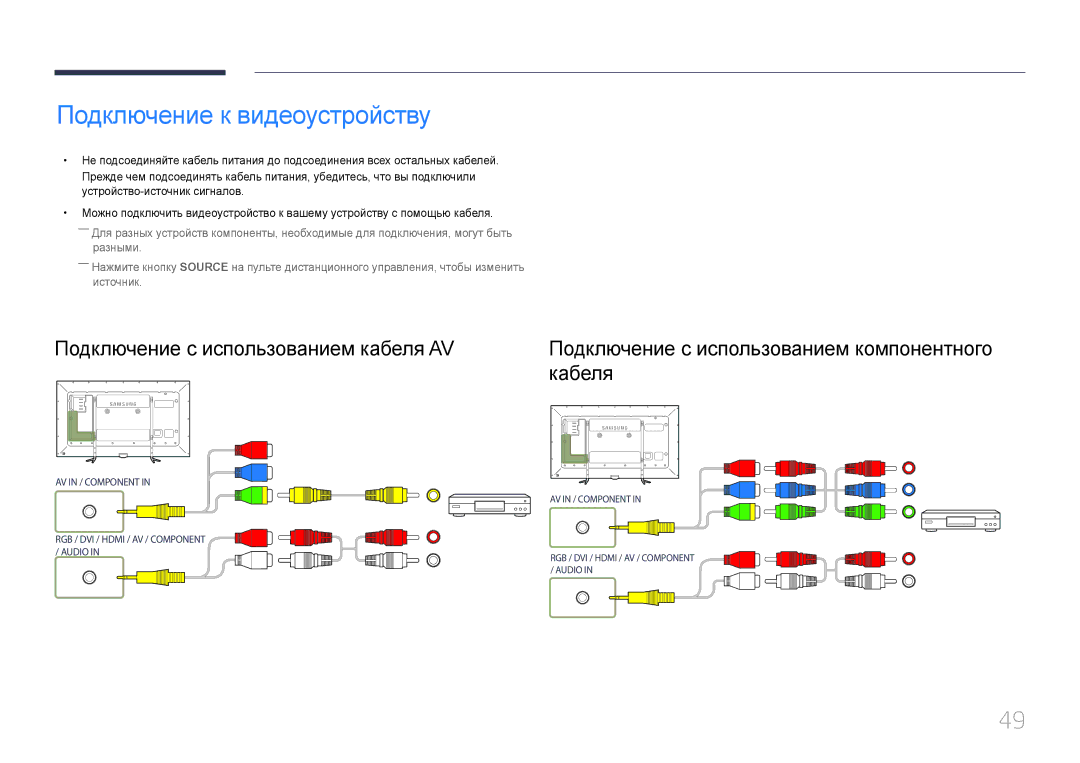 Samsung LH95MECPLBC/EN manual Подключение к видеоустройству, Подключение с использованием кабеля AV 