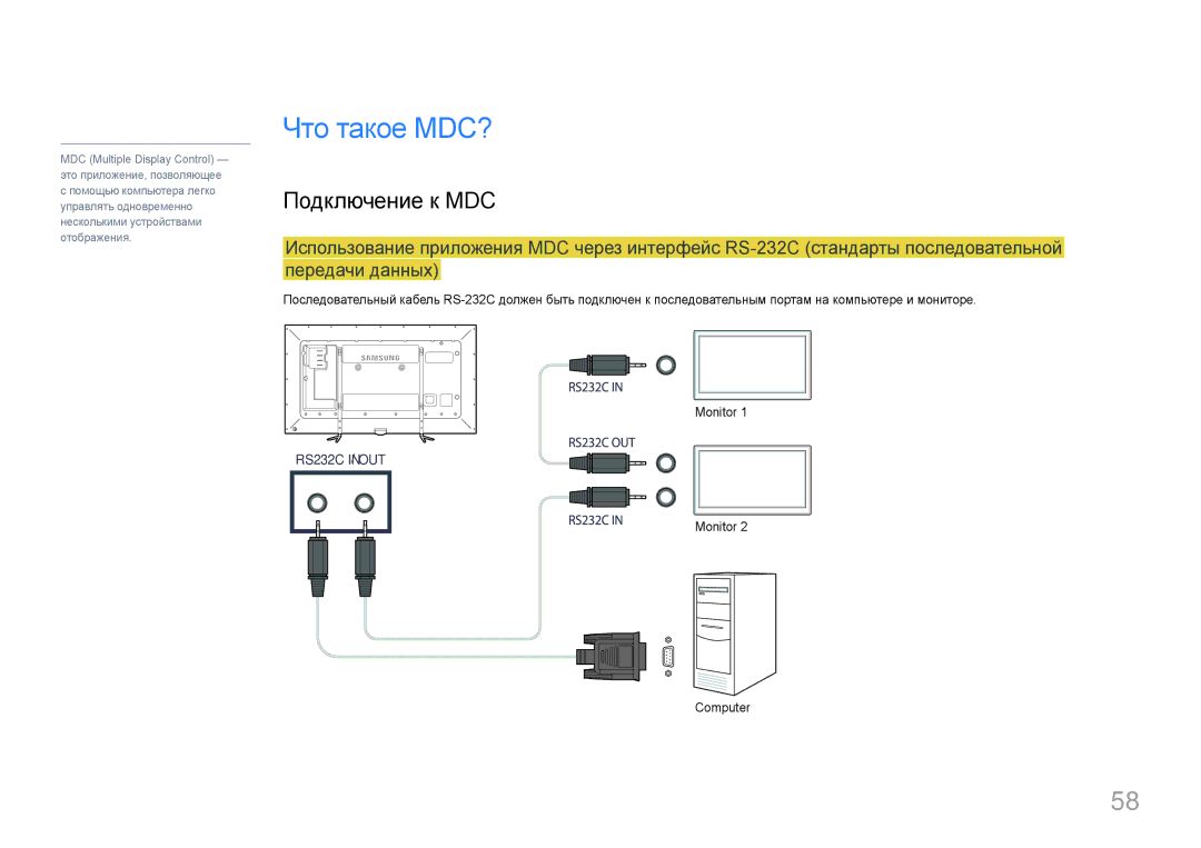 Samsung LH95MECPLBC/EN manual Что такое MDC?, Подключение к MDC, Monitor Computer 