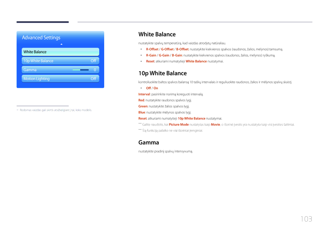 Samsung LH95MECPLBC/EN manual 103, 10p White Balance, Gamma, Off / On 