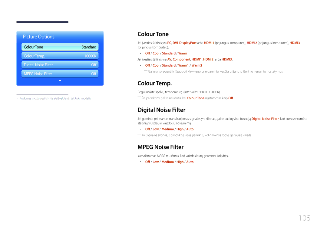 Samsung LH95MECPLBC/EN manual 106, Colour Tone, Colour Temp, Digital Noise Filter, Mpeg Noise Filter 