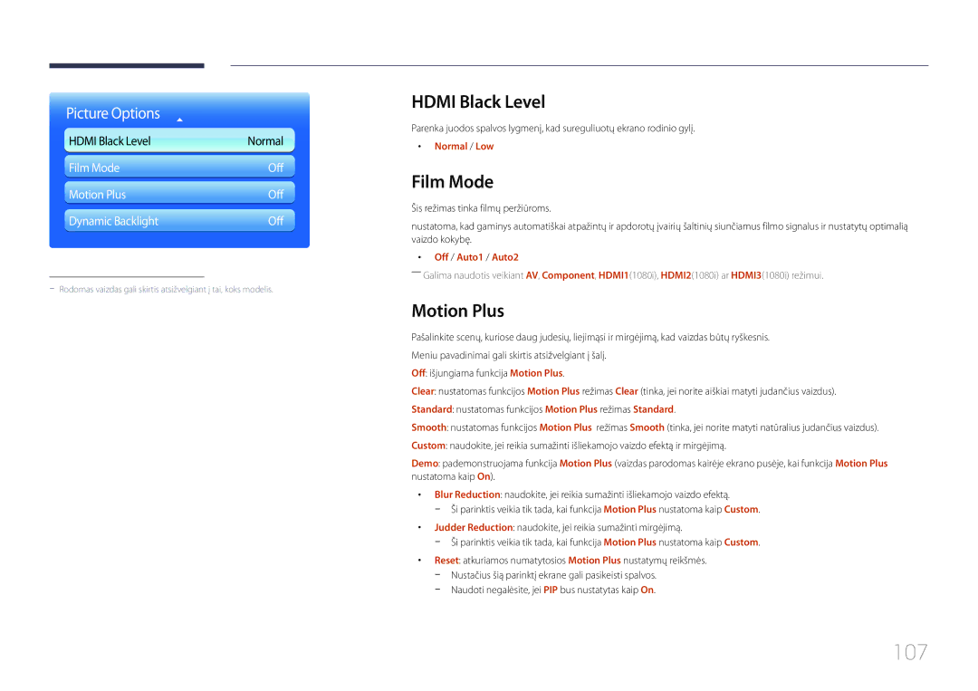 Samsung LH95MECPLBC/EN manual 107, Hdmi Black Level, Film Mode, Motion Plus 