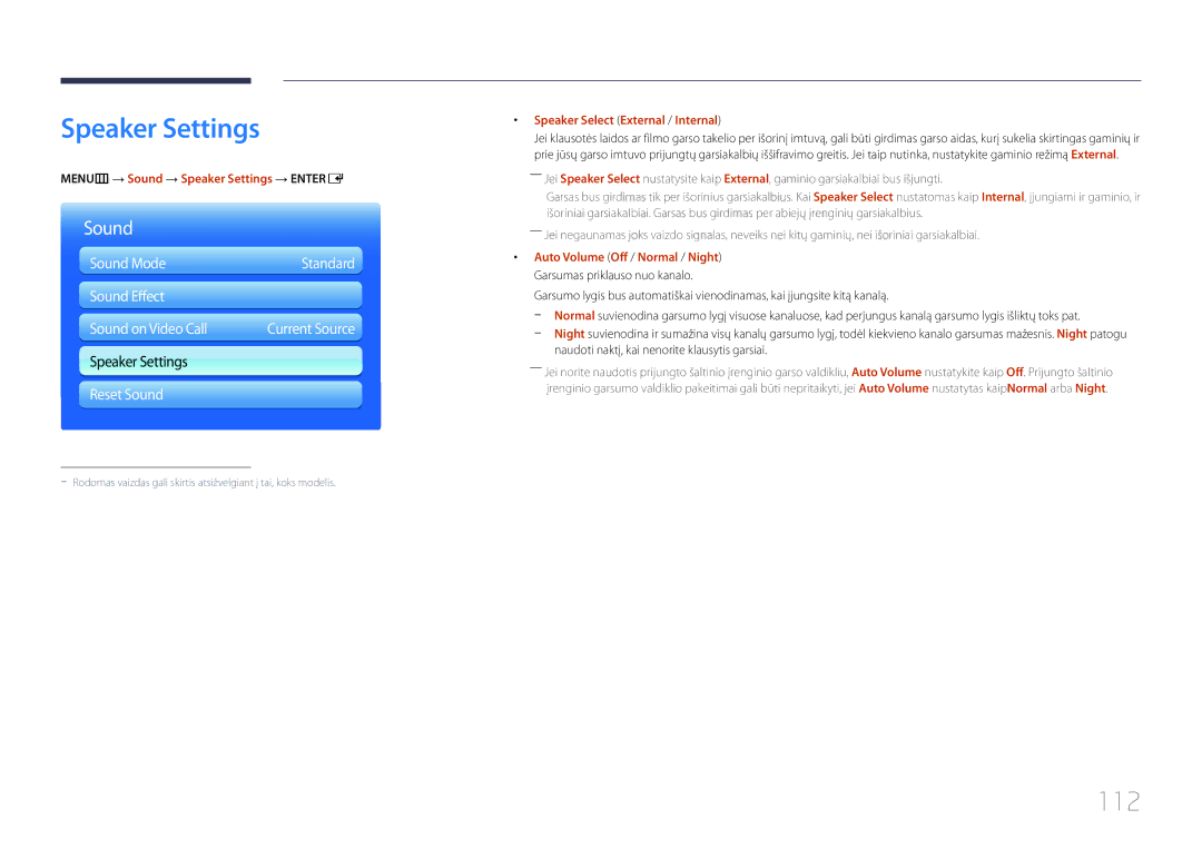 Samsung LH95MECPLBC/EN manual 112, MENUm → Sound → Speaker Settings → Entere, Speaker Select External / Internal 