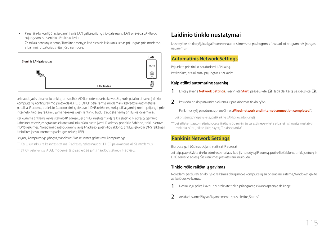 Samsung LH95MECPLBC/EN manual 115, Laidinio tinklo nustatymai, Automatinis Network Settings, Rankinis Network Settings 