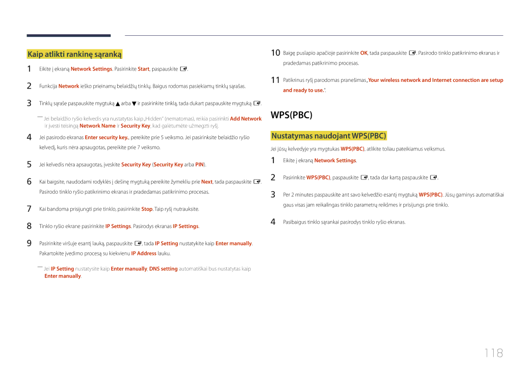 Samsung LH95MECPLBC/EN manual 118, Kaip atlikti rankinę sąranką, Nustatymas naudojant Wpspbc 