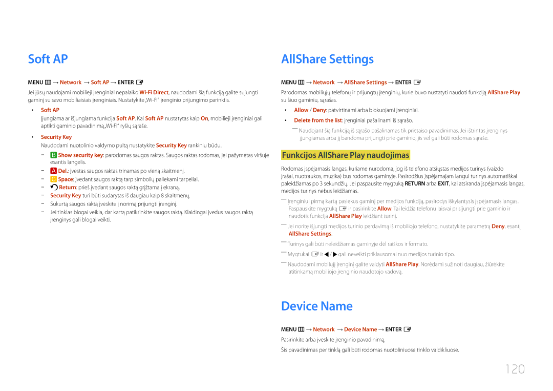 Samsung LH95MECPLBC/EN manual Soft AP, Device Name, 120, Funkcijos AllShare Play naudojimas 