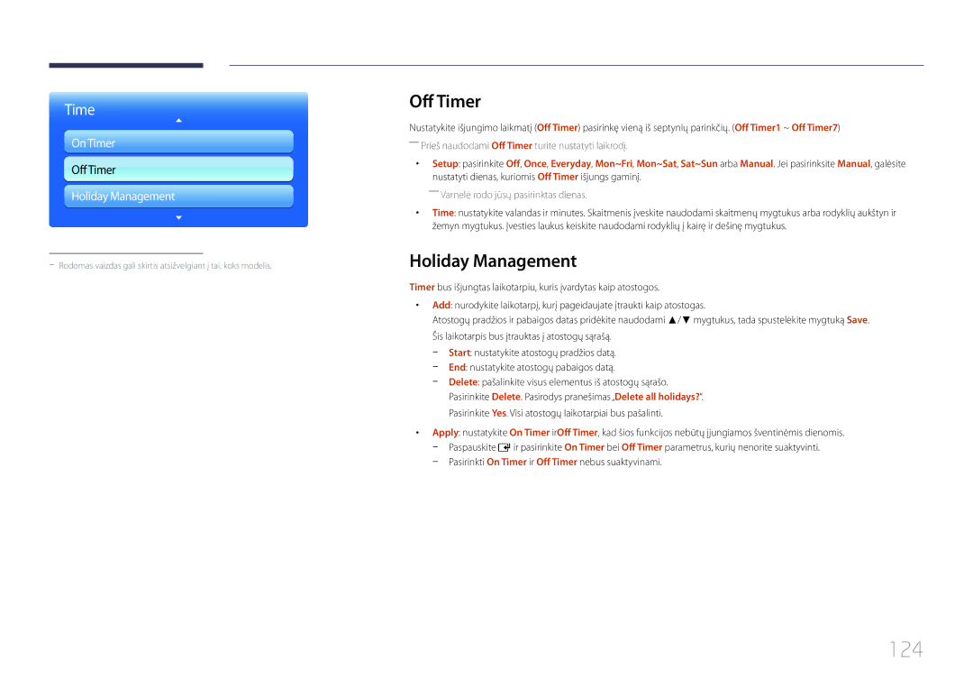 Samsung LH95MECPLBC/EN manual 124, Holiday Management, Pasirinkti On Timer ir Off Timer nebus suaktyvinami 