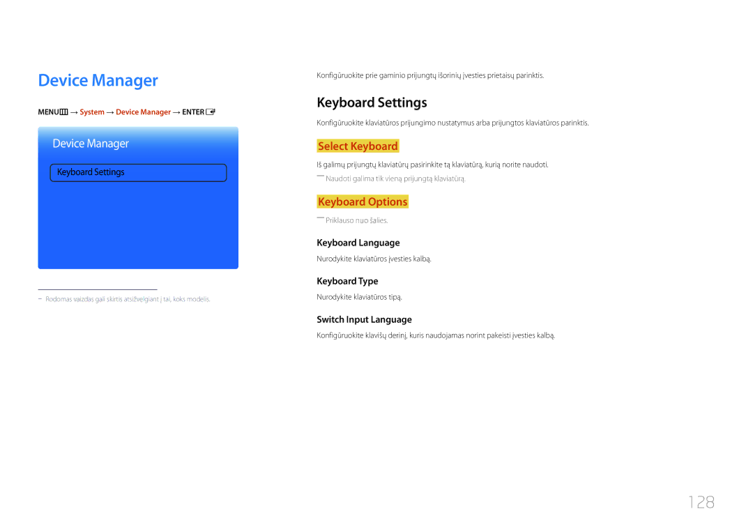 Samsung LH95MECPLBC/EN manual 128, Keyboard Settings, MENUm → System → Device Manager → Entere 