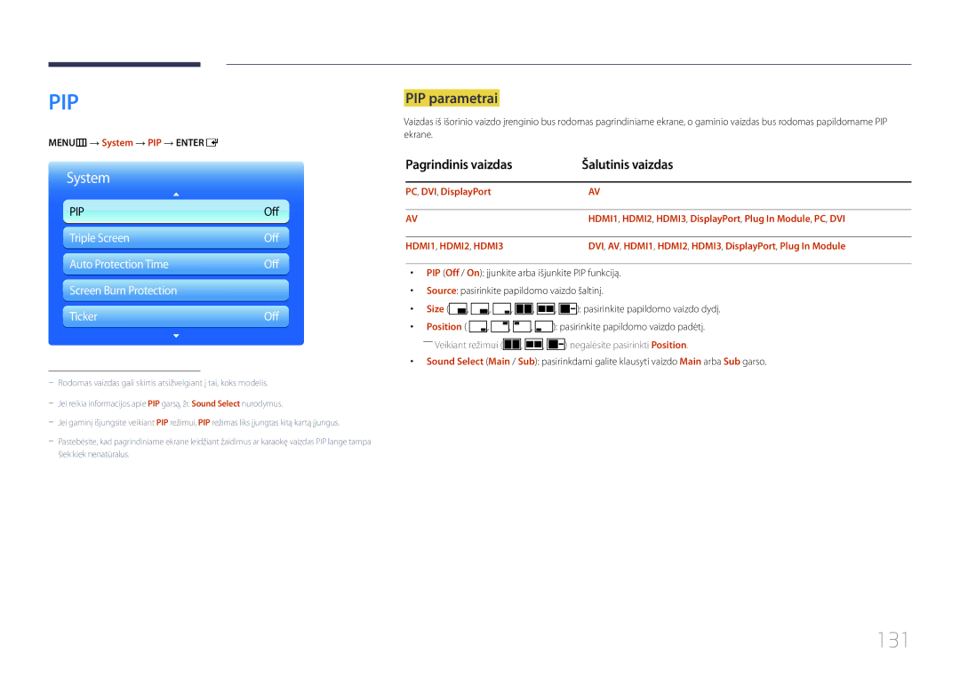 Samsung LH95MECPLBC/EN manual 131, PIP parametrai, Pagrindinis vaizdas Šalutinis vaizdas, MENUm → System → PIP → Entere 