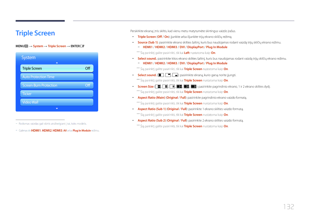 Samsung LH95MECPLBC/EN manual 132, MENUm → System → Triple Screen → Entere 