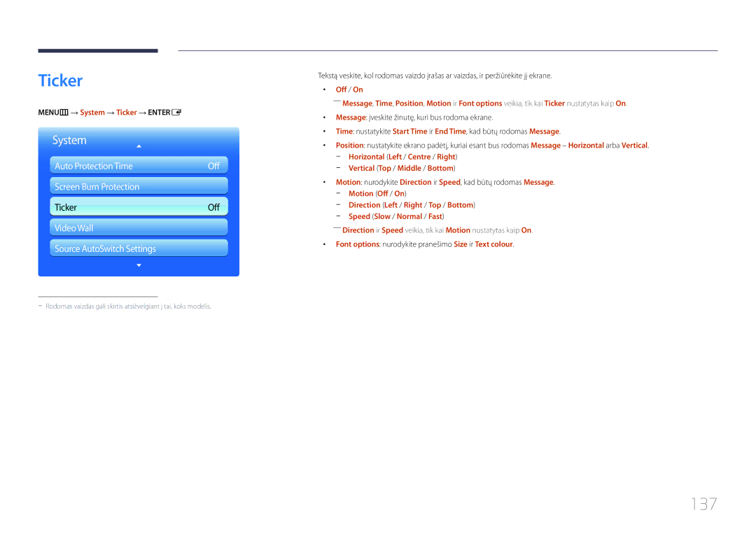 Samsung LH95MECPLBC/EN manual 137, MENUm → System → Ticker → Entere, Vertical Top / Middle / Bottom 