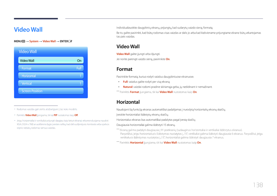 Samsung LH95MECPLBC/EN manual Video Wall, 138, Format, Horizontal 