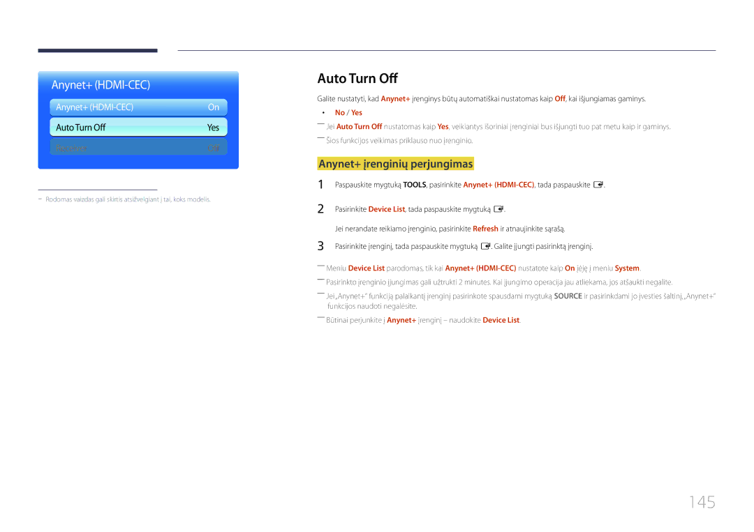 Samsung LH95MECPLBC/EN manual 145, Auto Turn Off, Anynet+ įrenginių perjungimas, No / Yes 