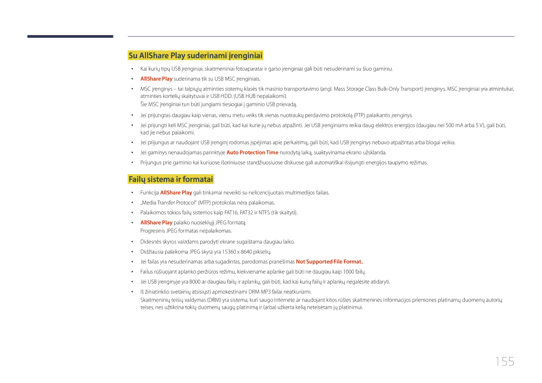 Samsung LH95MECPLBC/EN manual 155, Su AllShare Play suderinami įrenginiai, Failų sistema ir formatai 