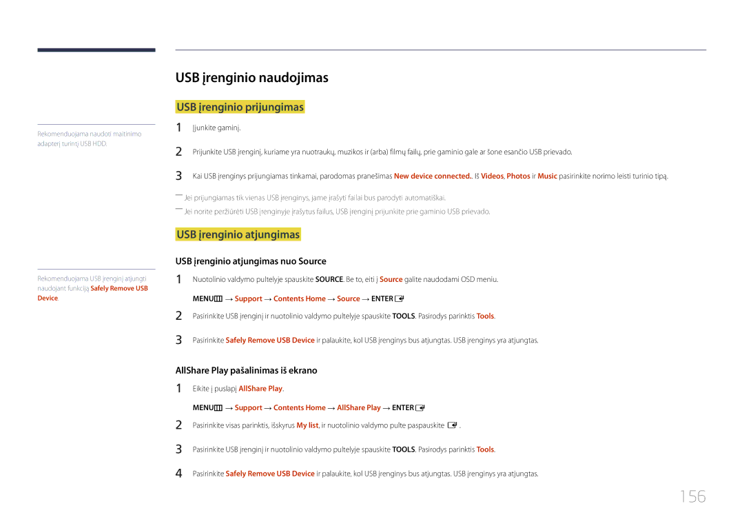 Samsung LH95MECPLBC/EN manual 156, USB įrenginio naudojimas, USB įrenginio prijungimas, USB įrenginio atjungimas 