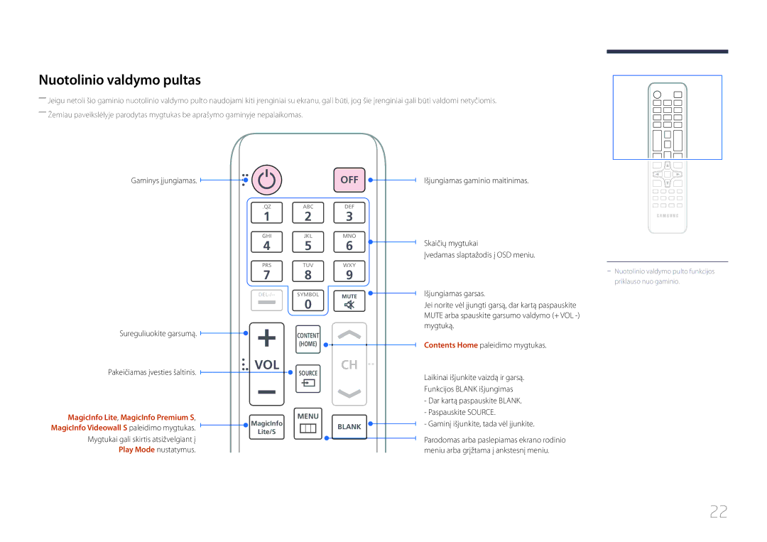 Samsung LH95MECPLBC/EN manual Nuotolinio valdymo pultas, Išjungiamas gaminio maitinimas Sureguliuokite garsumą 