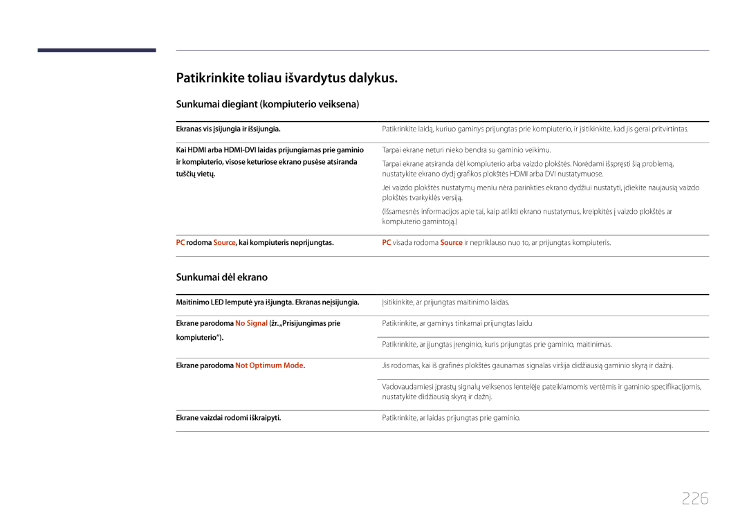 Samsung LH95MECPLBC/EN manual 226, Patikrinkite toliau išvardytus dalykus, Sunkumai diegiant kompiuterio veiksena 