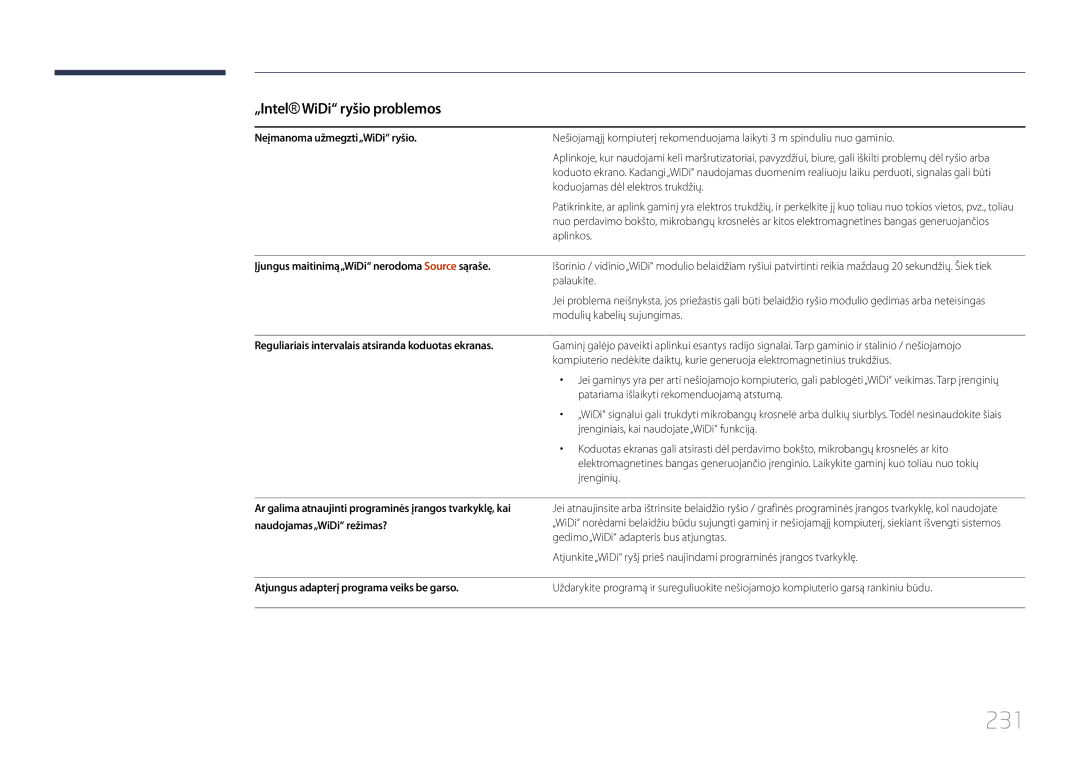 Samsung LH95MECPLBC/EN manual 231, „Intel WiDi ryšio problemos, Neįmanoma užmegzti„WiDi ryšio 