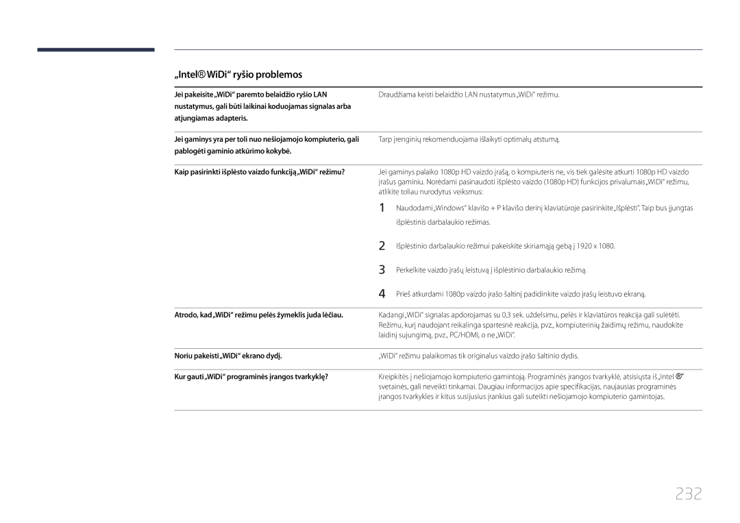 Samsung LH95MECPLBC/EN manual 232, Kaip pasirinkti išplėsto vaizdo funkciją„WiDi režimu?, Noriu pakeisti„WiDi ekrano dydį 