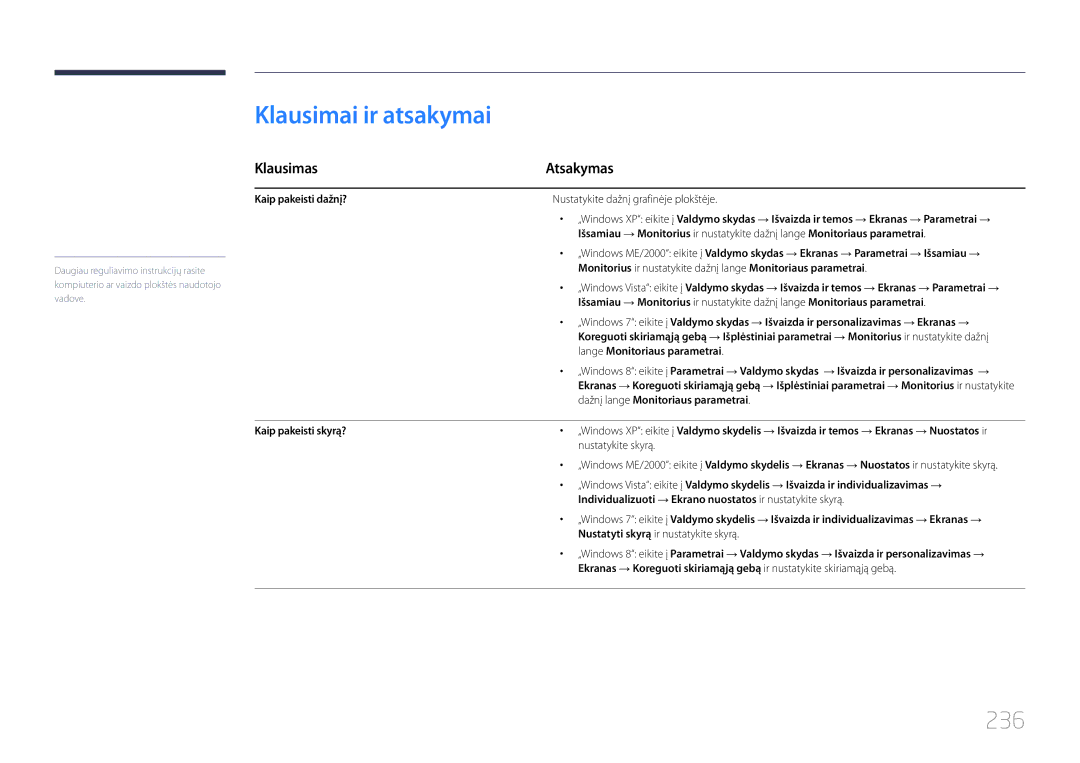 Samsung LH95MECPLBC/EN manual Klausimai ir atsakymai, 236, Klausimas Atsakymas 