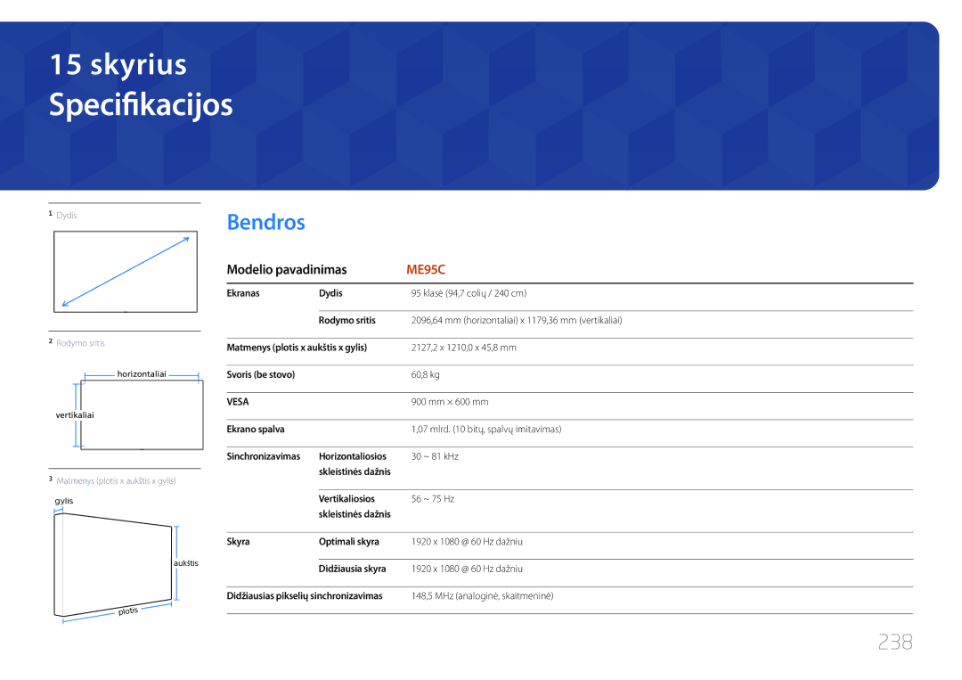 Samsung LH95MECPLBC/EN manual Specifikacijos, Bendros, 238, Modelio pavadinimas 