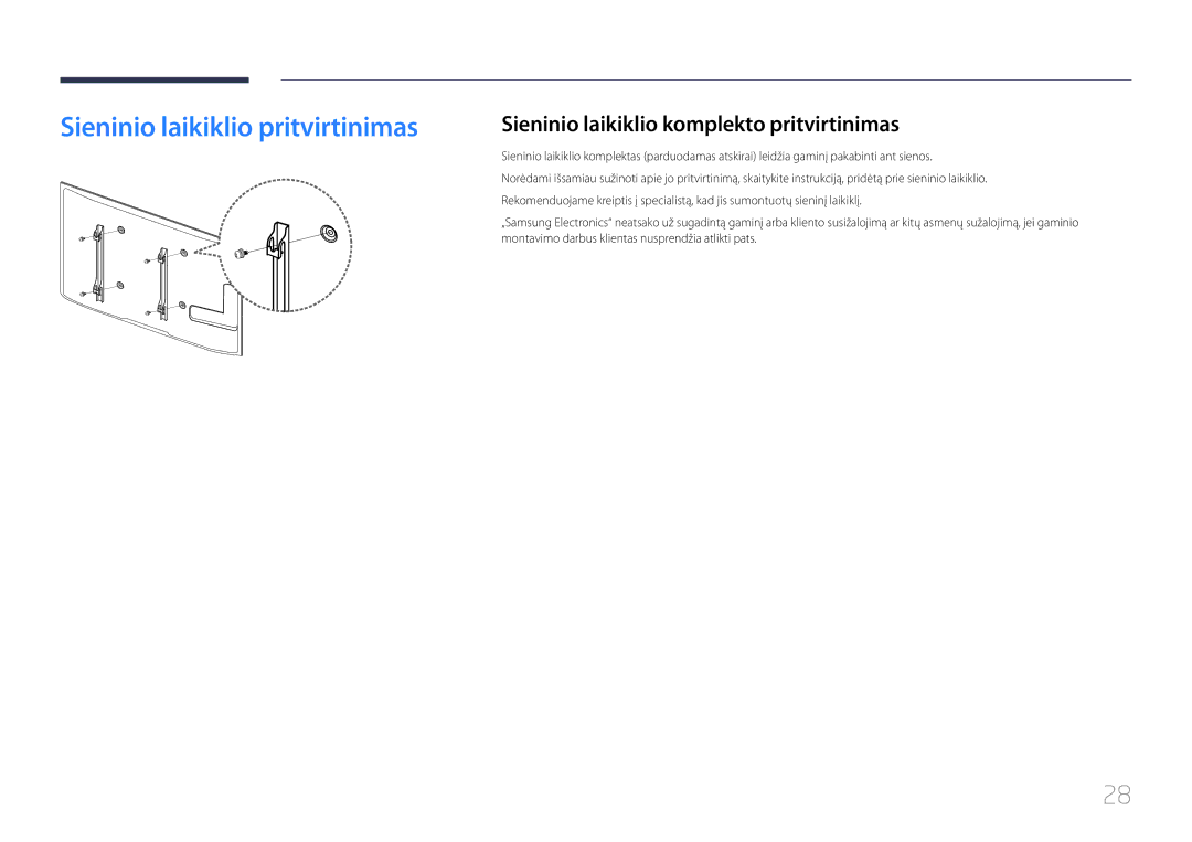 Samsung LH95MECPLBC/EN manual Sieninio laikiklio pritvirtinimas, Sieninio laikiklio komplekto pritvirtinimas 