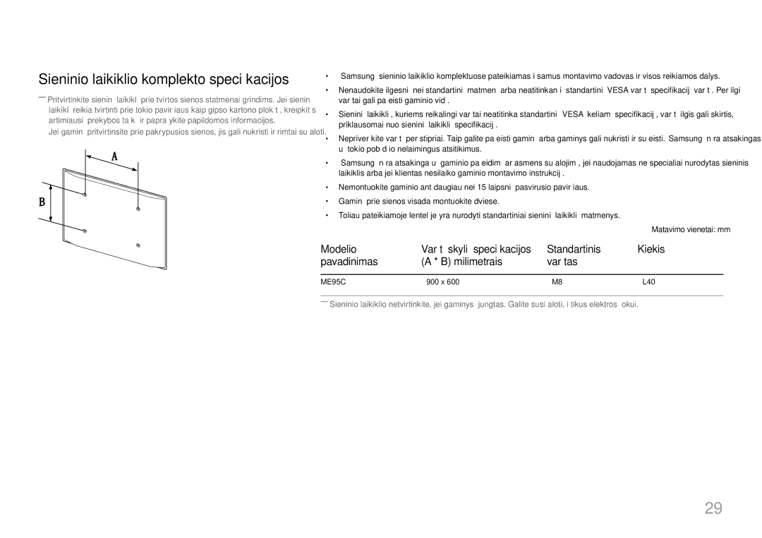 Samsung LH95MECPLBC/EN Sieninio laikiklio komplekto specifikacijos, Standartinis Kiekis Pavadinimas Milimetrais Varžtas 