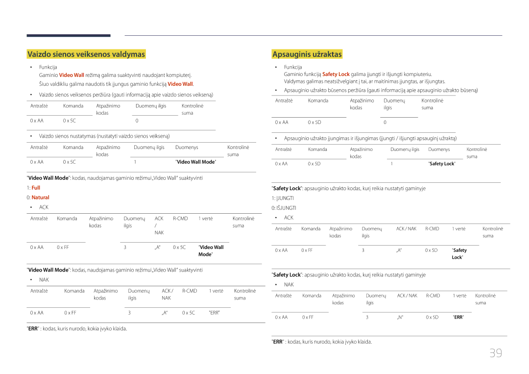 Samsung LH95MECPLBC/EN manual Vaizdo sienos veiksenos valdymas, Apsauginis užraktas, Full Natural 