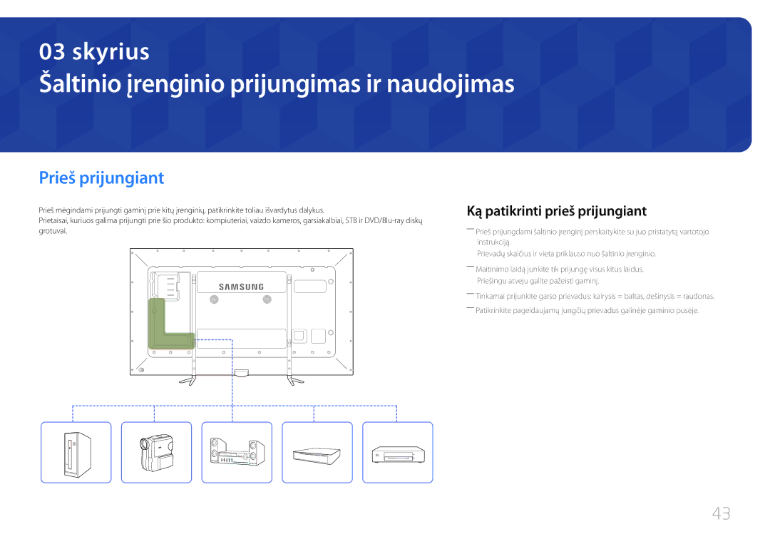 Samsung LH95MECPLBC/EN Šaltinio įrenginio prijungimas ir naudojimas, Prieš prijungiant, Ką patikrinti prieš prijungiant 