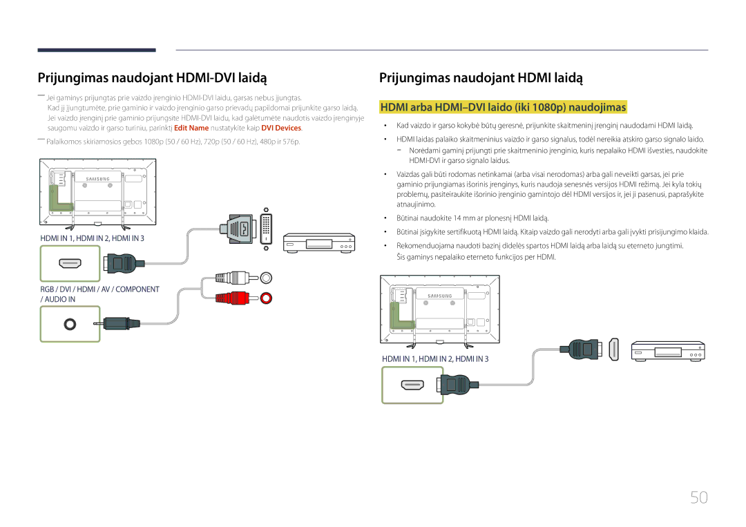 Samsung LH95MECPLBC/EN manual Prijungimas naudojant Hdmi laidą, Hdmi arba HDMI-DVI laido iki 1080p naudojimas 