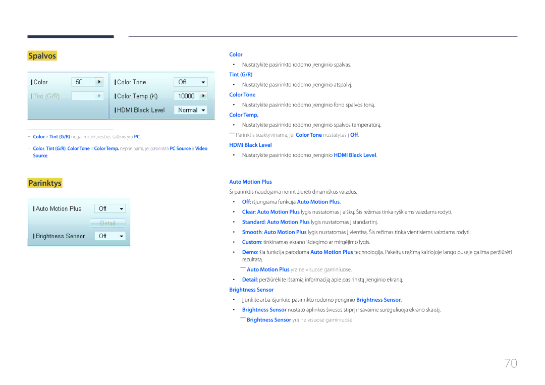 Samsung LH95MECPLBC/EN manual Spalvos, Parinktys 