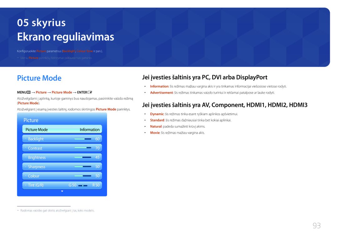 Samsung LH95MECPLBC/EN manual Ekrano reguliavimas, Picture Mode, Jei įvesties šaltinis yra PC, DVI arba DisplayPort 