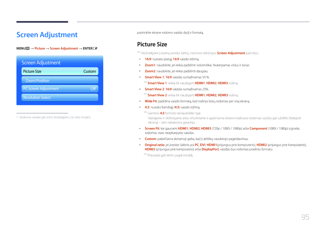 Samsung LH95MECPLBC/EN manual Picture Size, MENUm → Picture → Screen Adjustment → Entere 