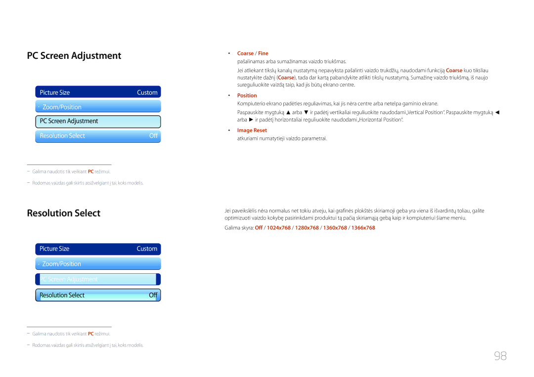 Samsung LH95MECPLBC/EN manual PC Screen Adjustment, Resolution Select 
