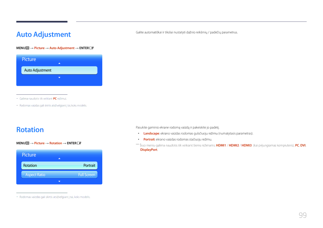 Samsung LH95MECPLBC/EN manual MENUm → Picture → Auto Adjustment → Entere, MENUm → Picture → Rotation → Entere 