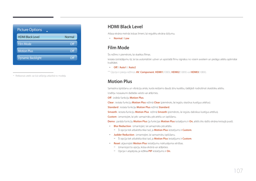 Samsung LH95MECPLBC/EN manual 107, Hdmi Black Level, Film Mode, Motion Plus 